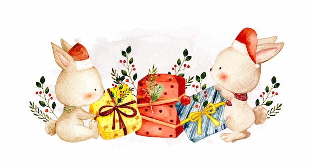 Watercolor Christmas bunny with Christmas gift