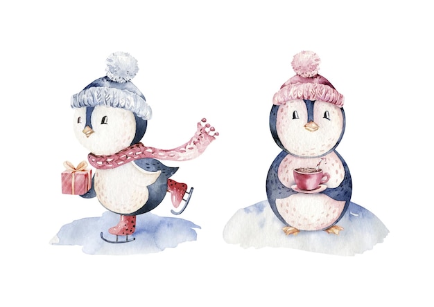 Watercolor christmas character penguin illustration Winter cartoon cute funny animal holiday xmas