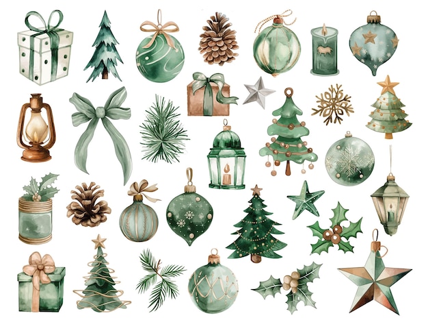 Watercolor Christmas decor elements set