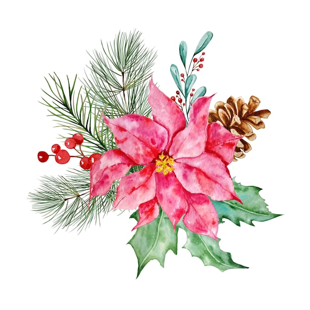 Watercolor Christmas floral bouquet. Botanical design postcard with traditional decor of winter plants