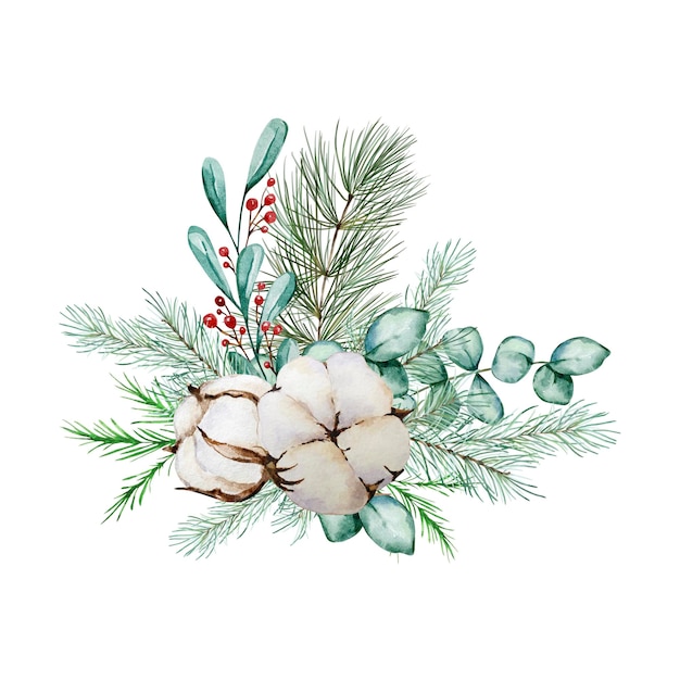 Watercolor Christmas floral bouquet. Botanical design postcard with traditional decor of winter plants