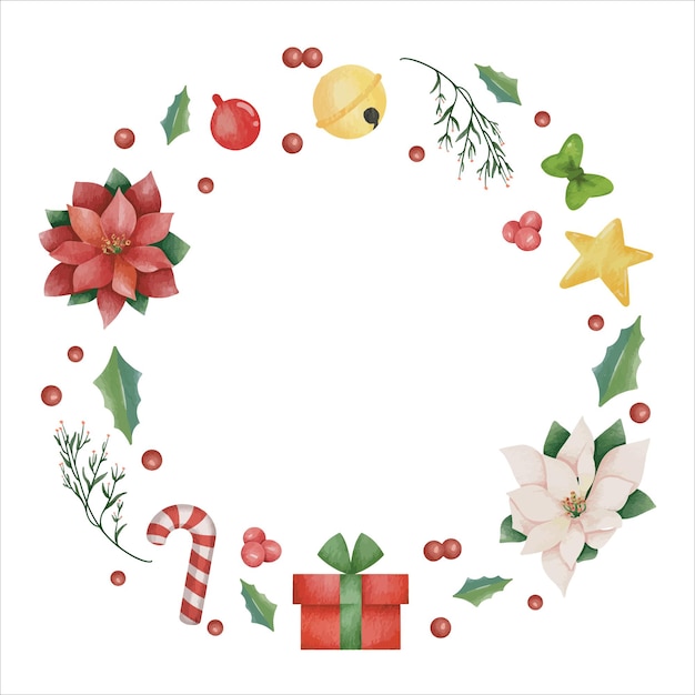 Watercolor Christmas floral frame or winter floral wreath consisting of flowers leaves and branches.