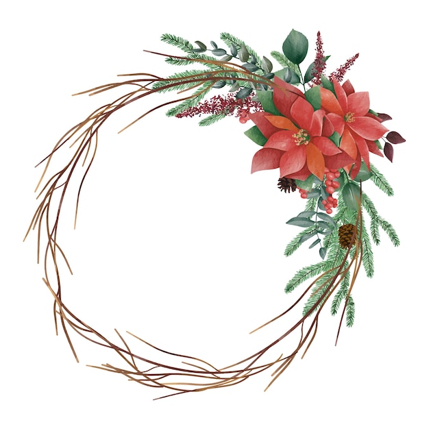 Watercolor Christmas floral frame or winter floral wreath consisting of flowers leaves and branches.