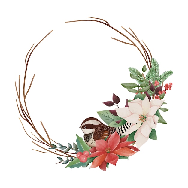 Watercolor Christmas floral frame or winter floral wreath consisting of flowers leaves and branches.