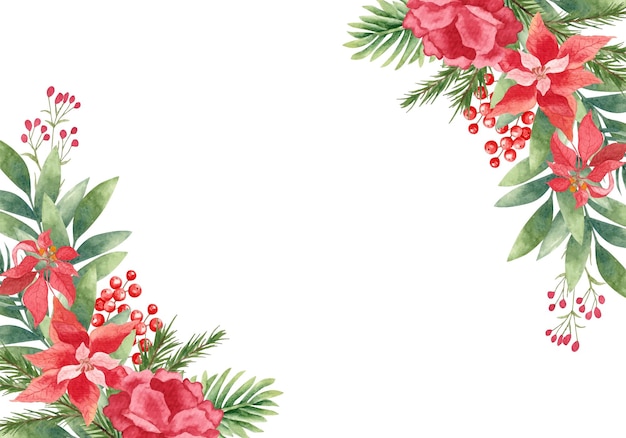 Watercolor christmas floral ornamental background with poinsettia and pine branches