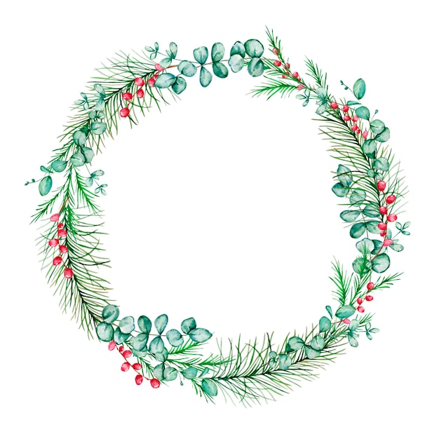 Watercolor Christmas floral wreath. Botanical design postcard with traditional decor of winter plants isolated on white background