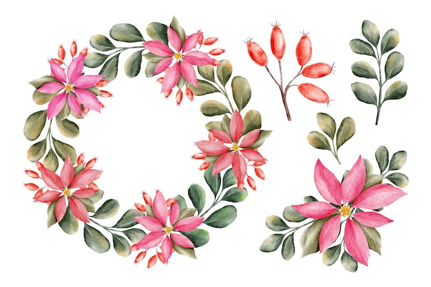 Watercolor christmas flower & wreath collection