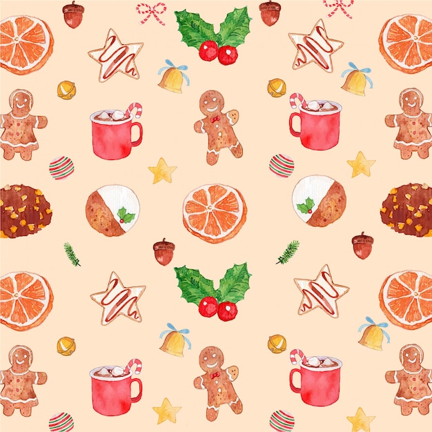 Watercolor Christmas Ginger Cookies and Hot Chocolate Seamless Pattern