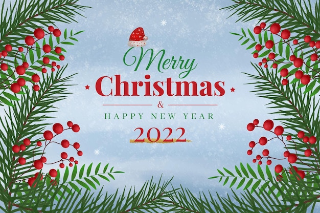 Watercolor Christmas and happy new year banner background with Green leaf and red ball