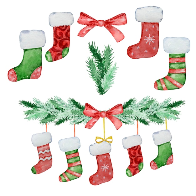 Watercolor Christmas illustration garland of fir branches with Christmas stocking