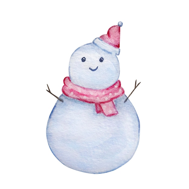 Watercolor christmas illustration, winter town elements, cute snowman