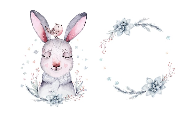 Watercolor Christmas illustration with cute animals bunny rabbit Winter new year design