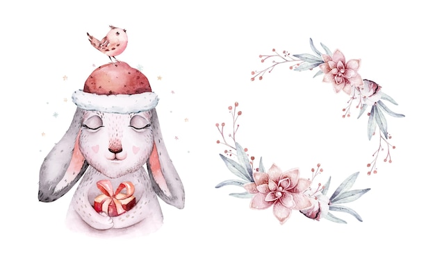 Watercolor Christmas illustration with cute animals bunny rabbit Winter new year design