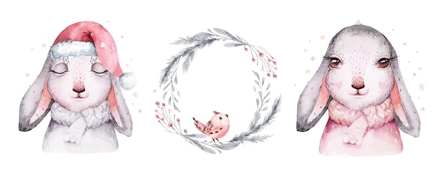 Watercolor Christmas illustration with cute animals bunny rabbit Winter new year design