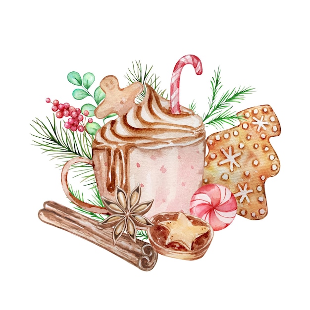 Watercolor Christmas illustration with a mug of cocoa and gingerbread. Hand painted pink mug with cocoa, gingerbread and cinnamon sticks isolated on white background. Holiday cards.