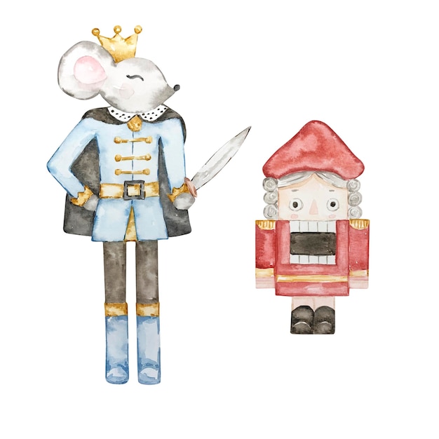 Watercolor Christmas nutcracker and mouse king toys