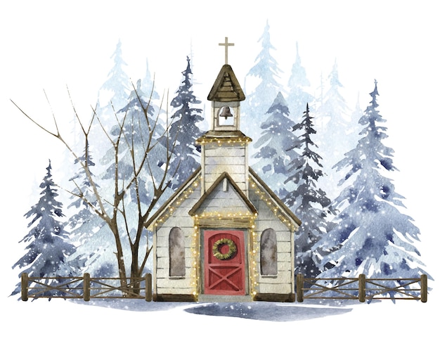 Watercolor Christmas old church in the winter forest