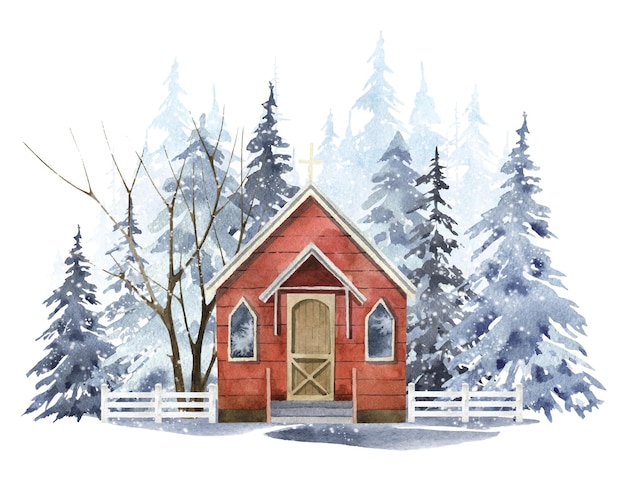 Watercolor Christmas old red church in the winter forest