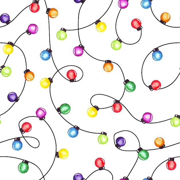 Watercolor christmas party lights garland. Colorful seamless pattern.