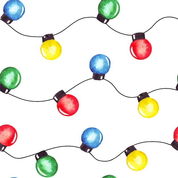 Watercolor christmas party string lights garland. Colorful seamless pattern.