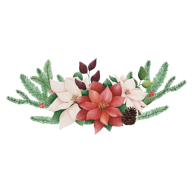 Watercolor Christmas plants. Hand drawn winter bouquets isolated on white.