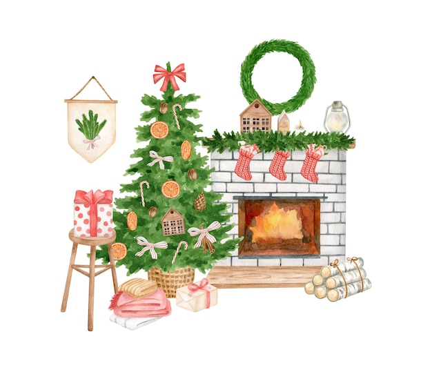 Watercolor Christmas scene with fireplace with decorated Christmas tree illustration