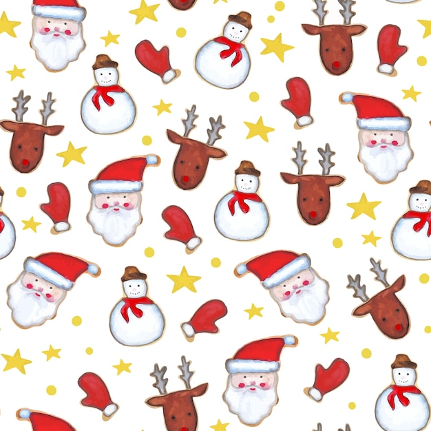 Watercolor Christmas seamless pattern hand drawn with gingerbreads - Santa, deer, snowman, glove