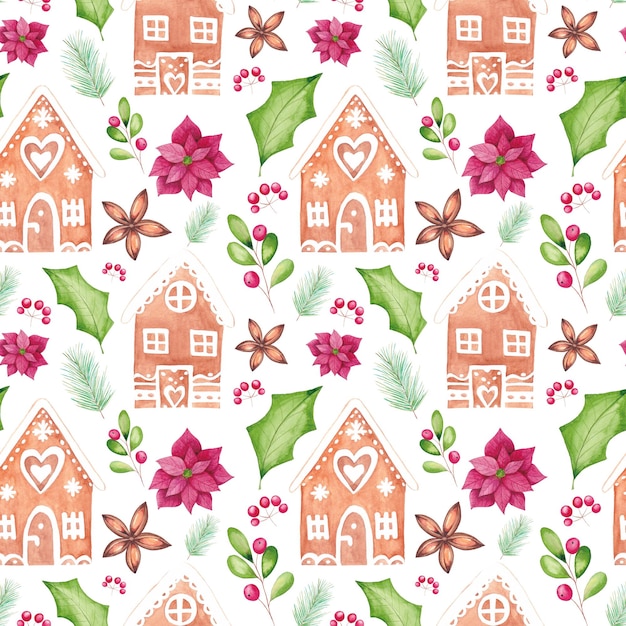 Watercolor Christmas seamless pattern with watercolor traditional seasonal elements.