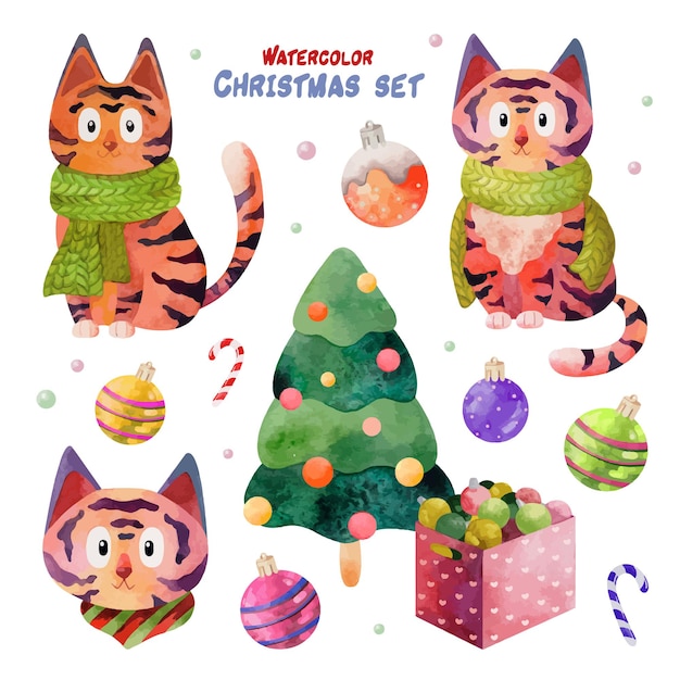 Watercolor Christmas set with tigers and holiday elements