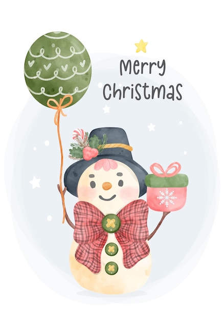 Watercolor christmas snowman with balloon and gift cartoon character hand drawing illustration vector