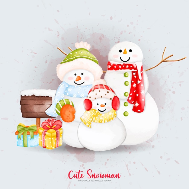 Vector watercolor christmas snowman with gift box digital paint watercolor illustration