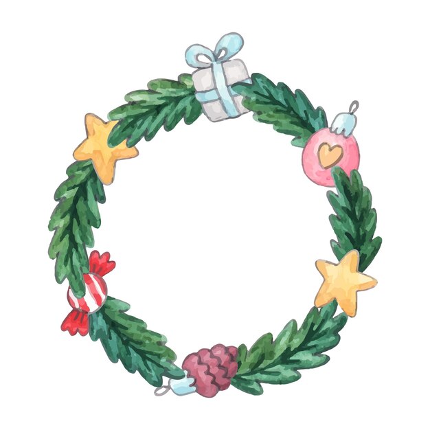 Watercolor Christmas spruce wreath with decorations