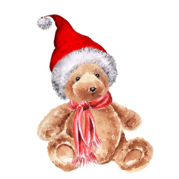 Watercolor Christmas teddy bear in santa hat