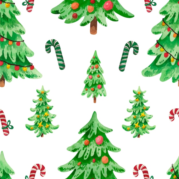 Watercolor Christmas tree pattern with candies