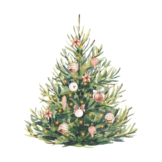 Watercolor Christmas tree with toys