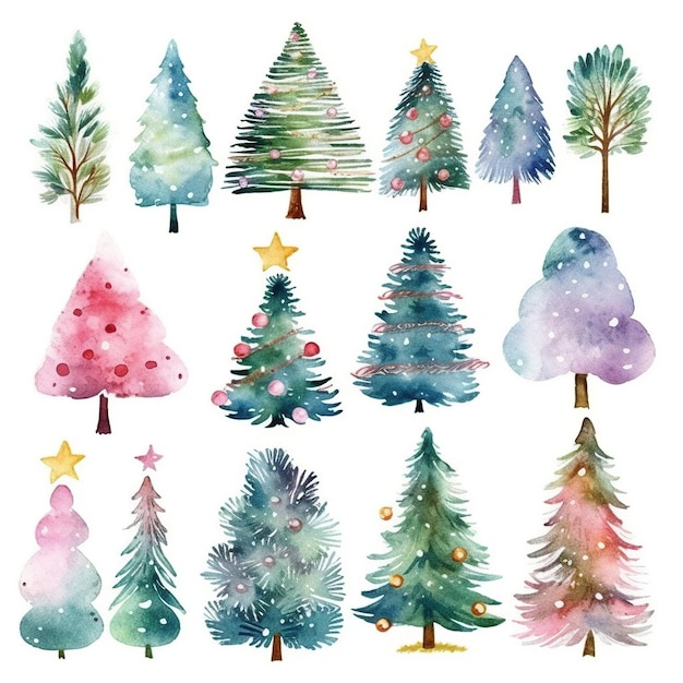 Watercolor christmas trees with christmas ornaments illustrator