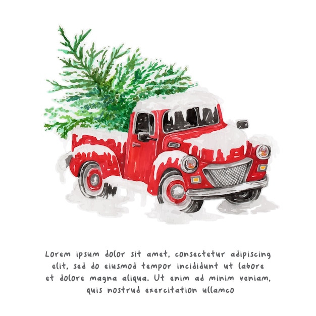 Watercolor Christmas truck and Christmas tree Red Truck