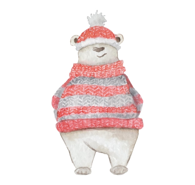 Watercolor Christmas white polar bear in a red knitted sweater and hat Cute cartoon illustration