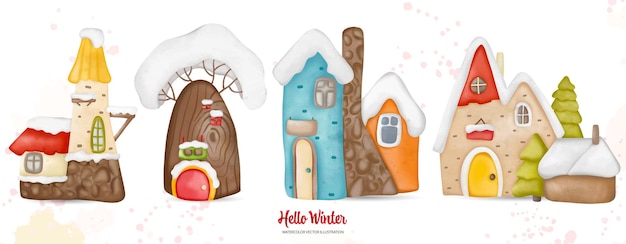 Watercolor Christmas winter houses set with snow on the roof Digital paint watercolor illustrationxDxA