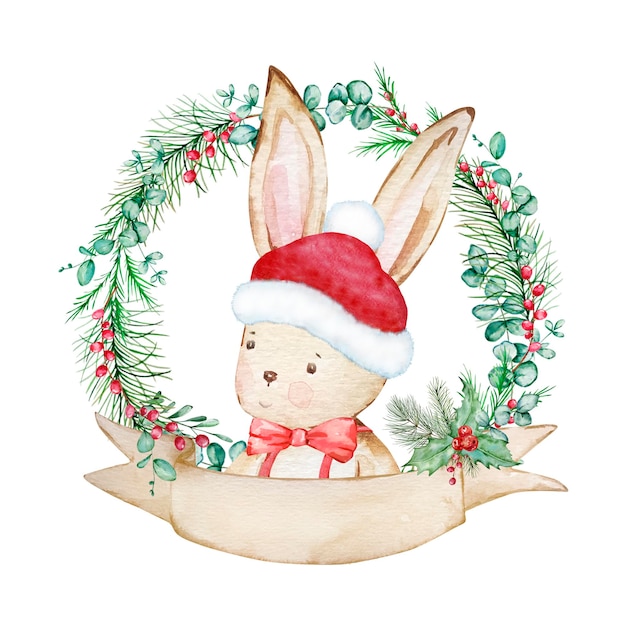 Watercolor christmas wreath santa bunny