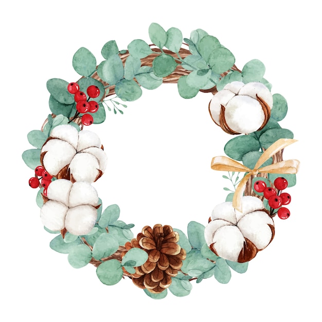 Watercolor Christmas wreath with cotton flower and eucalyptus