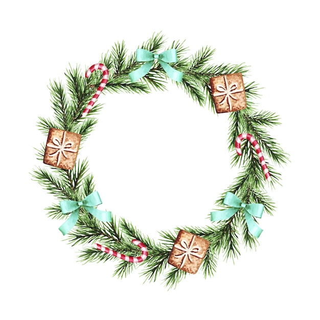 Watercolor Christmas wreath with fir branches, bows, candy, gingerbread. Merry Christmas, New Year.