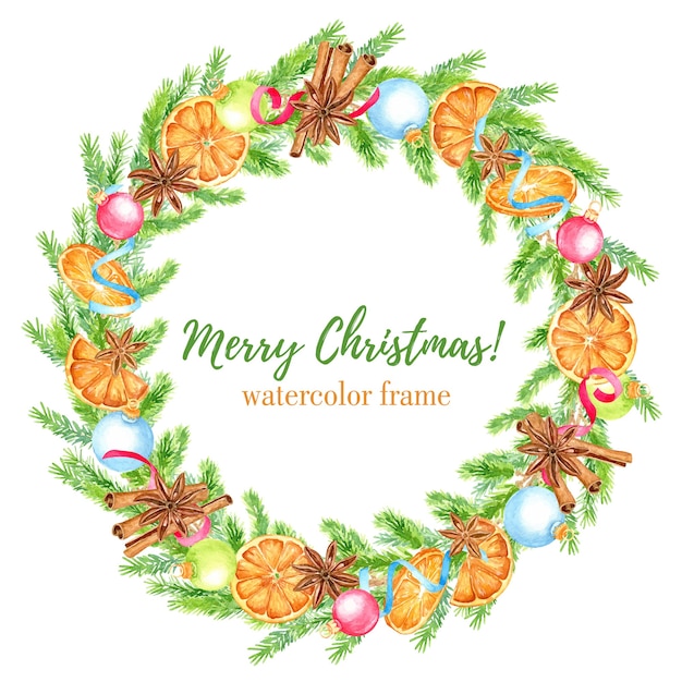 Watercolor Christmas wreath with fir tree branches, oranges, anise stars and cinnamon sticks, christmas balls and ribbons. floral frame