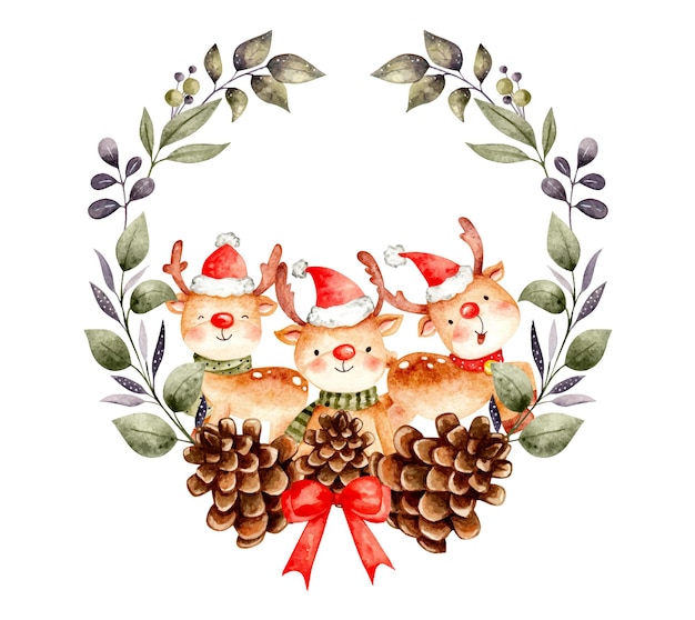 Watercolor Christmas wreath with raindeer