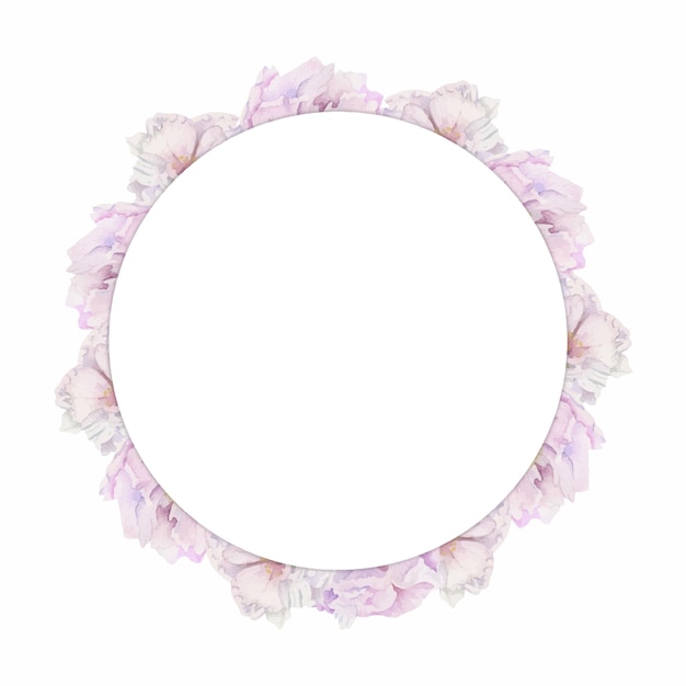 Vector watercolor circle frame arrangement with hand drawn delicate pink peony flowers buds and leaves isolated on white background for invitations wedding love or greeting cards paper print textile