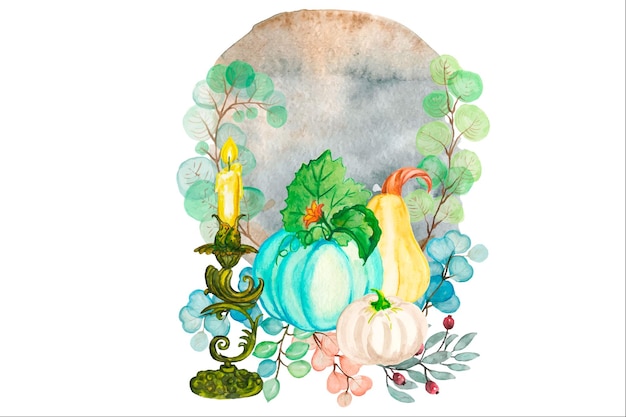 Watercolor clipart pumpkin, candle, tree leaves. Autumn illustration.