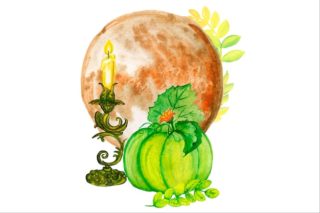 Watercolor clipart pumpkin, candle, tree leaves. Autumn illustration.