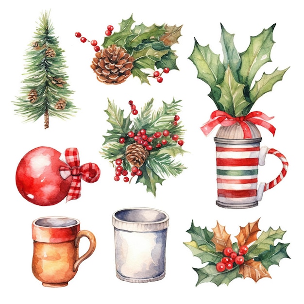 watercolor clipart set christmas items white background