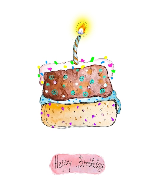 Watercolor clipart with a birthday cake on a transparent background.