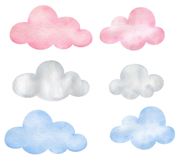 Watercolor clouds of gray pink and blue Cute sky decor childrensstyle clipart set